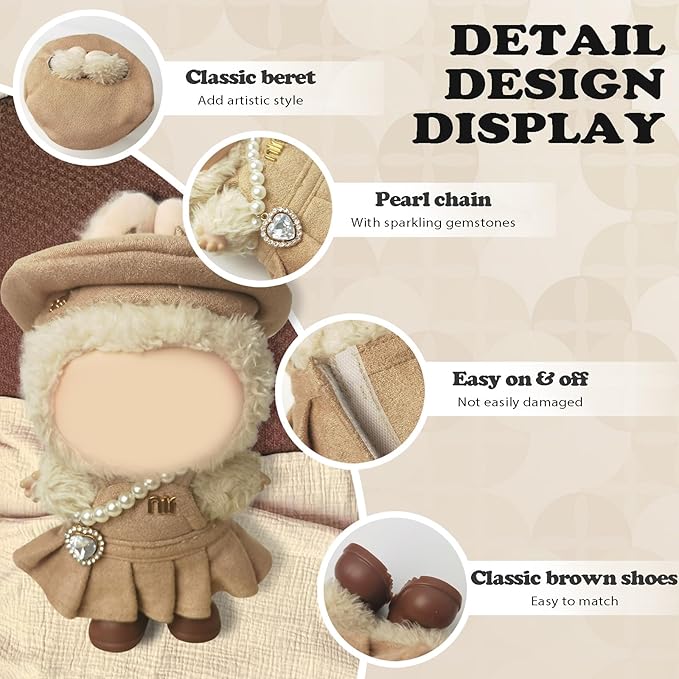 Clothes Compatible with LABUBU – Blue & White Tweed Dress with Bow, Bracelet & Shoes | 4PCS Couture-Inspired Outfit for 8-Inch Dolls (Mocha Beige Chic)