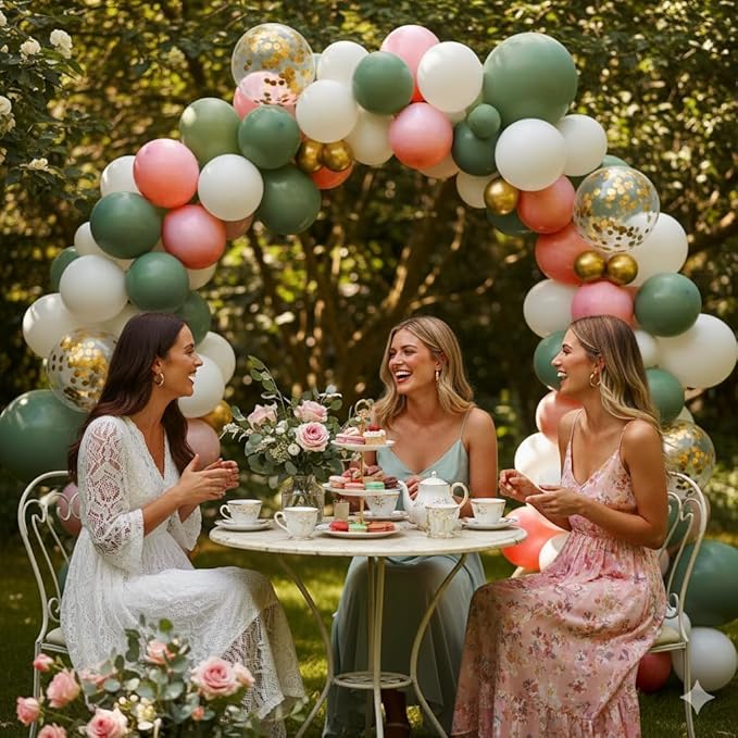 Sage Green and Dusty Pink Balloons, Retro Pink Muted Green White Gold Baby in Bloom Balloons for Girls Women Floral Fairy Wildflower Camping Birthday Woodland Baby Shower Garden Tea Party Decorations
