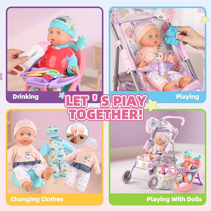 Baby Doll Stroller Play Set with 12.5" Baby Doll,Dining Chair, 2 Sets Clothes and 20 PCS Doll Accessories. Stroller Toy for 3, 4, 5, 6 Year Old Toddler Girls for Realistic Pretend Play.