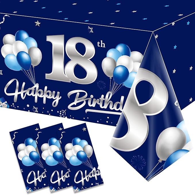 3 Pack Blue Silver 18th Birthday Tablecloth Decorations for Boy, Navy Blue Happy 18 Table Cover Party Supplies, Eighteen Years Old Birthday Disposable Rectangular Table Cloths