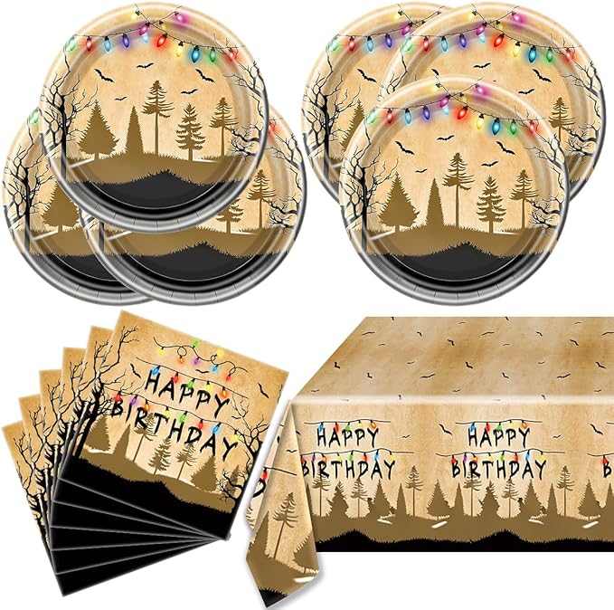 Spooky Rustic Party Plates Napkins and Tablecloth Horror Alphabet Dinnerware Tableware Sets Retro Colorful Light Bulbs Party Decorations Serves 20