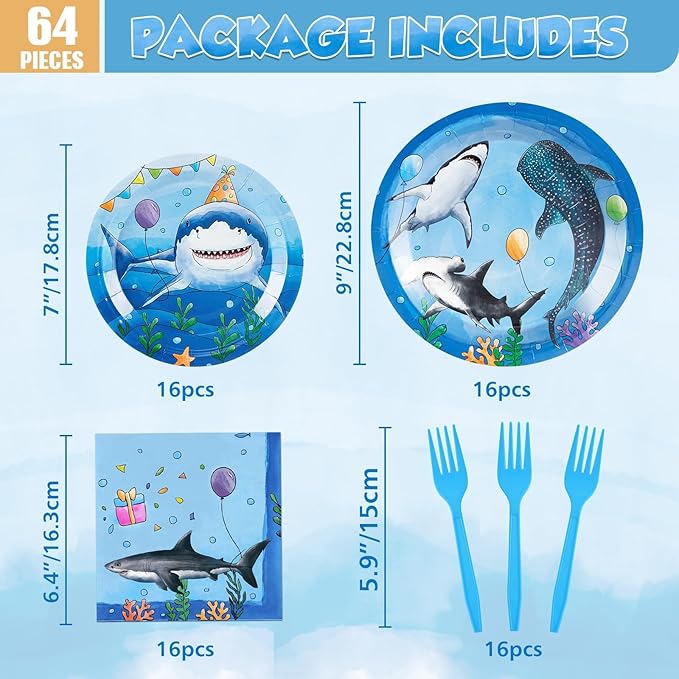 WERNNSAI Shark Birthday Party Decorations - 64PCS Shark Plates Napkins Forks Under the Sea Theme Party Supplies for Kids Boys Summer Baby Shower Birthday Decor Serves 16 Guests