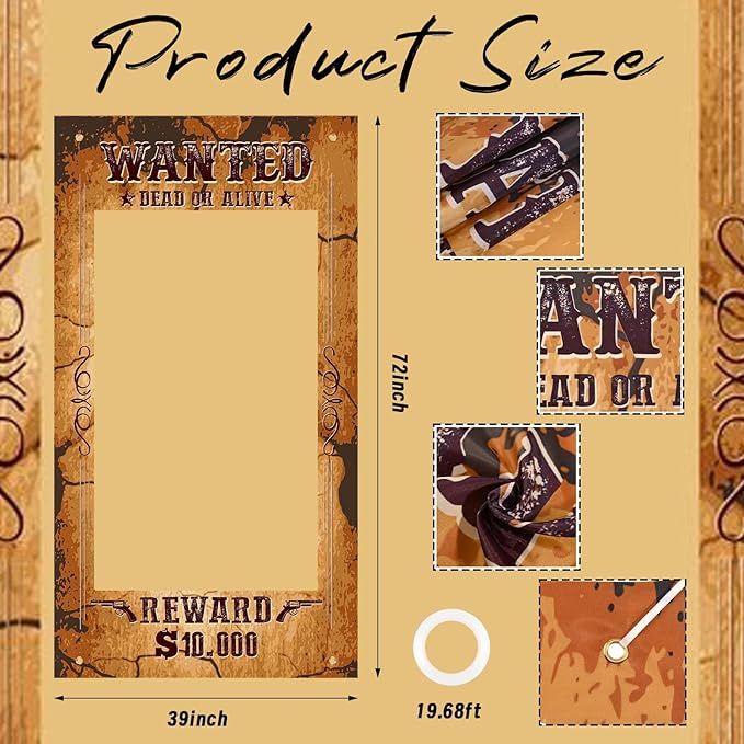 Large Western Wanted Poster Western Cowboy Party Decoration Wanted Photo Booth Frame Wild West Selfie Banner Backdrop for West Cowboy Birthday Party Retro Rustic Decoration Supplies (Brown)