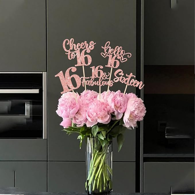 15PCS Happy 16th Birthday Centerpiece Sticks Sixteen Hello 16 Cheers to 16 Table Flower Centerpieces Sticks 16 Fabulous Floral Decorations for Happy 16th Birthday Party Centerpieces Rose Gold
