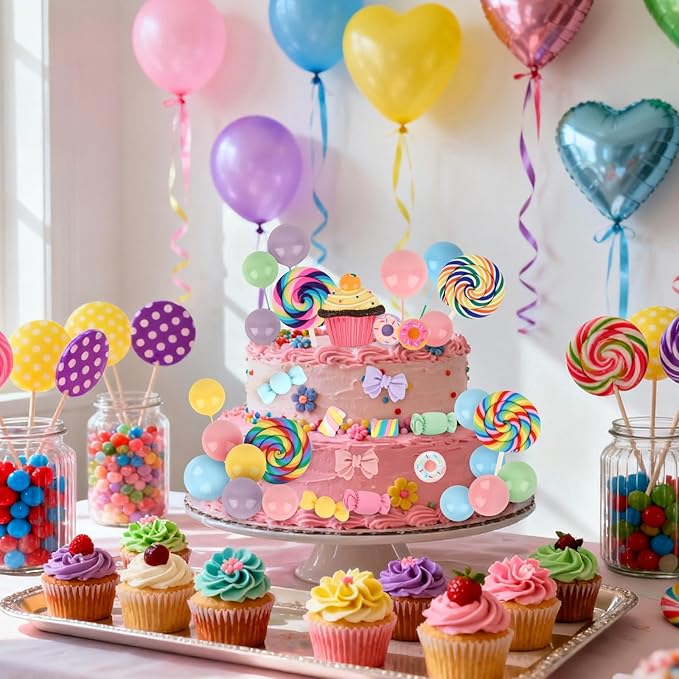 Hooqict 33Pcs Candy Cake Decorations with Lollipop Cupcake Donut Candy Cake Topper for Kids Girls Candyland Christmas Party Decorations Colorful Sweet Birthday Party Supplies