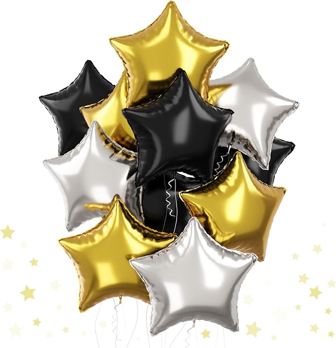 Black Gold Star Foil Balloons, 18 Inch 12Pcs Silver and Black Pentagram Aluminum Foil Balloon, Black Gold Party Decorations for Birthday Graduation New Year Wedding Retirement Casino Theme Party