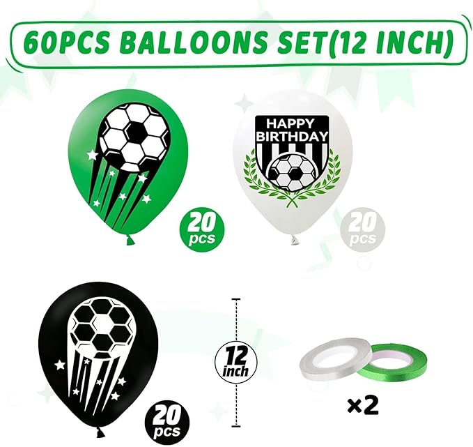 Soccer Balloons, 60Pcs 12 Inch Green White Black Soccer Party Latex Balloons for Kids Boy Soccer Birthday Sport Party Decorations Sports Themed Graduation Baby Shower Party Supplies