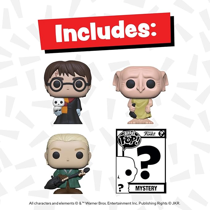Funko Bitty POP! HP - Harry in Robe with Scarf, 4-Pack - Harry Potter, Draco Malfoy, Dobby and A Surprise Mystery Mini Figure - 0.9 Inch (2.2 Cm) - Harry Potter Collectable - Gift Idea - Cake Topper