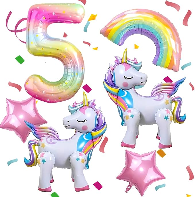 6PCS Self Standing Unicorn Balloons, Unicorn Balloon, Large Rainbow Balloon, Colorful Number 5 and Star Balloons for Girl 5th Birthday Party Decorations Supplies.(5th)