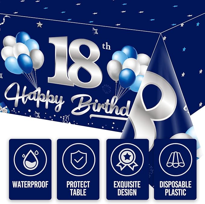 3 Pack Blue Silver 18th Birthday Tablecloth Decorations for Boy, Navy Blue Happy 18 Table Cover Party Supplies, Eighteen Years Old Birthday Disposable Rectangular Table Cloths