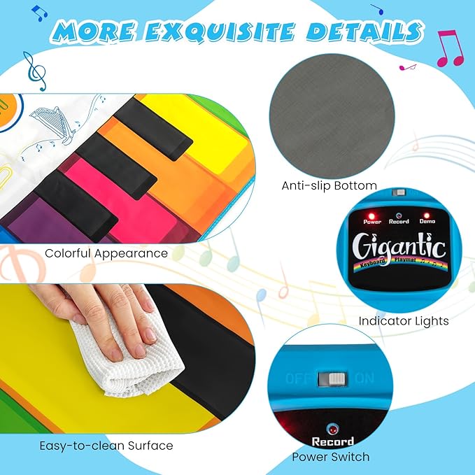 Costzon Floor Piano Mat for Kids & Toddlers, 6ft. Giant Piano Playmat Keyboard Dance Mat, 24 Keys, 8 Instrument Sounds, 10 Songs, Record & Playback, Adjustable Volume, Musical Toy Gift for Boys Girls