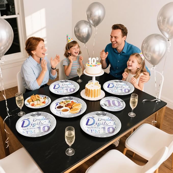 Grencian 96 Pcs Disco 10th Birthday Decorations for Girls Boys Silver Dazzle Double Digits Plates Supplies Disposable Iridescence Happy 10th Birthday Tableware Set for Kids I'm 10 Themed Party Favors