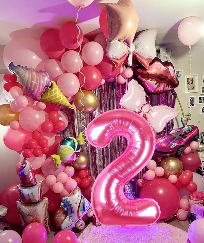 40 Inch Pink Number 2 Balloon with Mini Bow Balloon for Girls 2nd Birthday Decorations, Mouse Pink Princess Western Cowgirl Theme Birthday Party Balloons Decorations Supplies