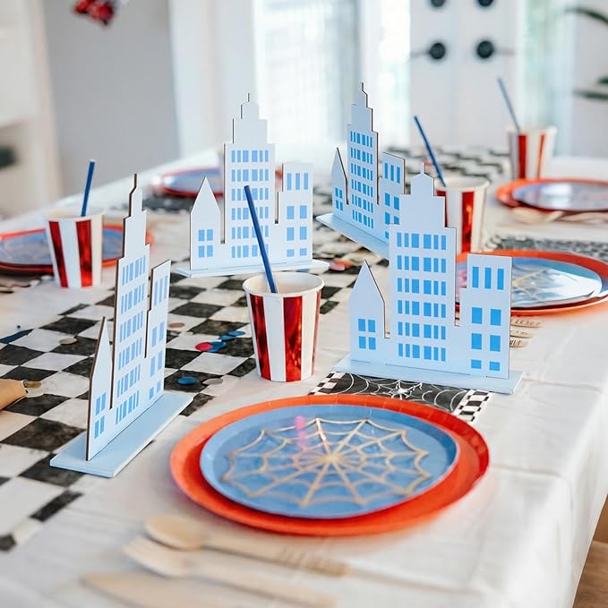 Geelin 6 Pcs Skyscraper Party Decorations Hero Party Decorations New York City Wood NYC Centerpieces City Skyline Building Decor for Comic Birthday Favors Supplies(Solid Style,Blue)