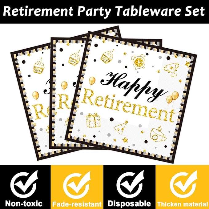 96 Pieces Happy Retirement Decorations Tableware for Men and Women - Dessert Plates, Napkins, Forks, Favors for 24 Guests