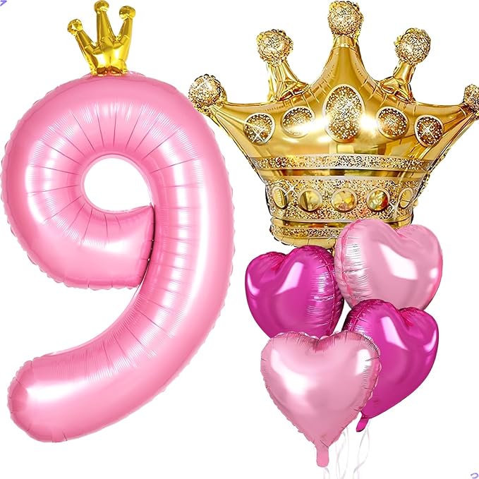 Princess 9th Birthday Party Decorations, 40 inch Large Pink Crown 9 Balloon for Girls’ Princess Royal Birthday Decorations, Party Supplies Favors, Anniversaries(Number 9 Foil Mylar Birthday Balloon)
