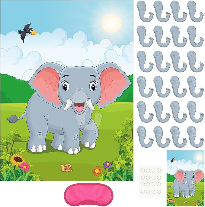 PLULON Pin The Nose on The Elephant Party Game with Elephant Nose Stickers for Kids Birthday Party Supplies, Animal Party Carnival Party Supplies
