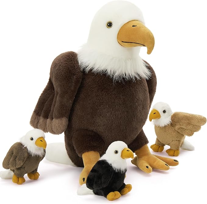 4Pcs Bald Eagle Stuffed Animal, 18 Inch Mommy Eagle Plush with 3 Baby Chicks, Stuffed Bald Eagle Plushie Toy Gifts for Kids