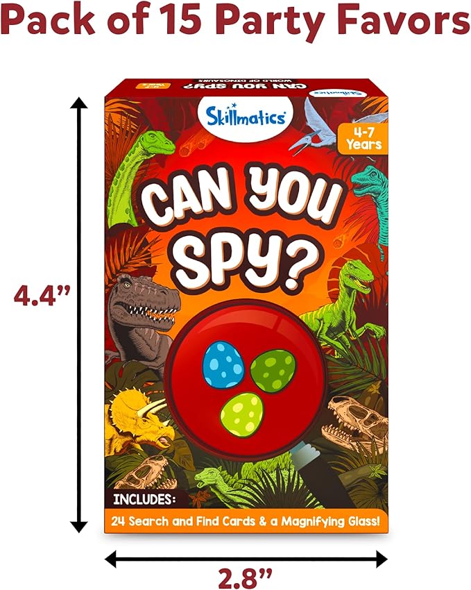 Skillmatics Party Favors (Pack of 15) - Can You Spy Dinosaurs Cards Set, Goodie Bag, Play Search & Find Educational Games, Gifts for Girls, Boys, Friends Ages 4, 5, 6, 7
