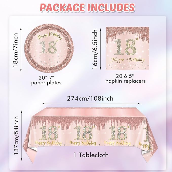 41Pcs 18th Birthday Decorations for Girls Her,Awesome Since 2008 Birthday Tableware Kit,Rose Gold Birthday Party Supplies Include Paper Plates and Napkins ,Tablecloth Set for Teen Princess Party