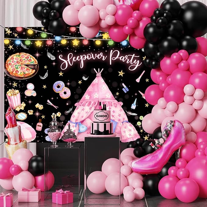 Mocsicka Black Sleepover Backdrop Party Decorations Slumber Pillow Fight Girls Night Photo Background Pajama Spa Make Up Birthday Decorations Party Supplies 70.8 x 43.3 Inch