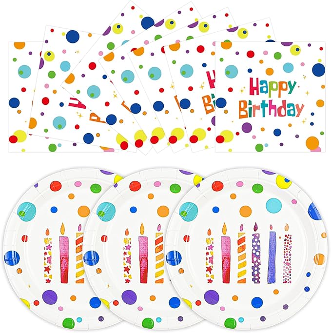 50PCS Happy Birthday Plates and Napkins, 7inch Colorful Dots Birthday Cake Dessert Plates Disposable Paper Dinnerware Set for Birthday's Party Supplies Decorations (Birthday's Candle, 7 Inch)