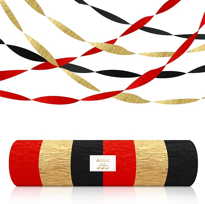 AOYOO 6 Rolls Casino Party Decorations Streamers - Red Black Gold Crepe Paper for Poker Night, Las Vegas Theme Birthday, Wedding Bridal Shower Theme Party Supplies, DIY Photo Backdrop
