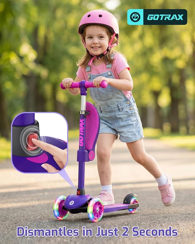 Gotrax KS3 Kids Kick Scooter, LED Lighted Wheels, Adjustable Height Handlebars and Removable Seat, Lean-to-Steer & Widen Anti-Slip Deck, 3 Wheel Scooter for Kids Ages 2-8 and up to 110 Lbs