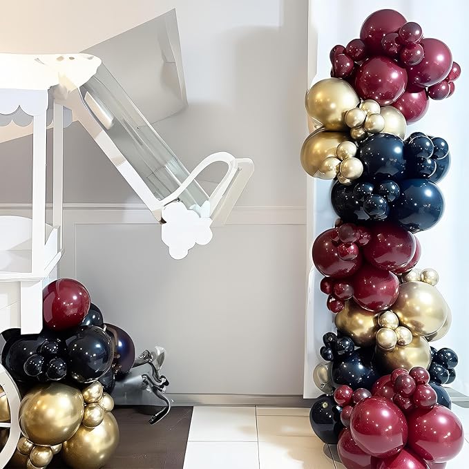 Black Burgundy Gold Balloons Garland Kit Burgundy Maroon Black Metallic Confetti Balloon Arch with Gold Long Balloon Star Foil Balloons for Halloween Birthday Baby Shower Party Decor