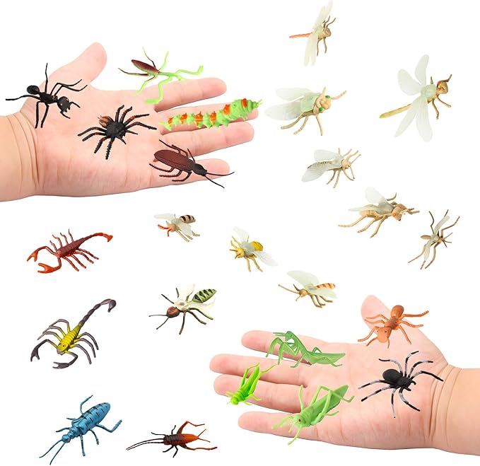Insect Bug Toy Figures for Kids Boys Girls (24pcs), 2-4” Fake Bugs - Fake Spiders, Cockroaches, Scorpions, Crickets, Lady Bugs, Mantis and Worms for Education and Christmas Party Favors by Pinowu