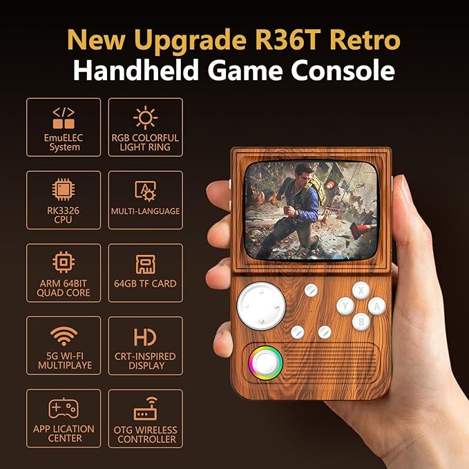 R36T Retro Gaming Console, 3.5'' IPS Screen, Open Source System Support WI-FI Download Multiple Emulator, WiFi Networked Fighting, Portable Gaming Player for Travel with Portable Case(Wood Brown)