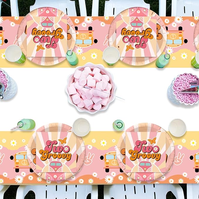 41pcs Two Groovy Party Supplies,include 20 Dessert Plate,20 Napkin and 1pcs Tablecloth,Used for Retro Hippie Rainbow Boho Birthday Party Decoration
