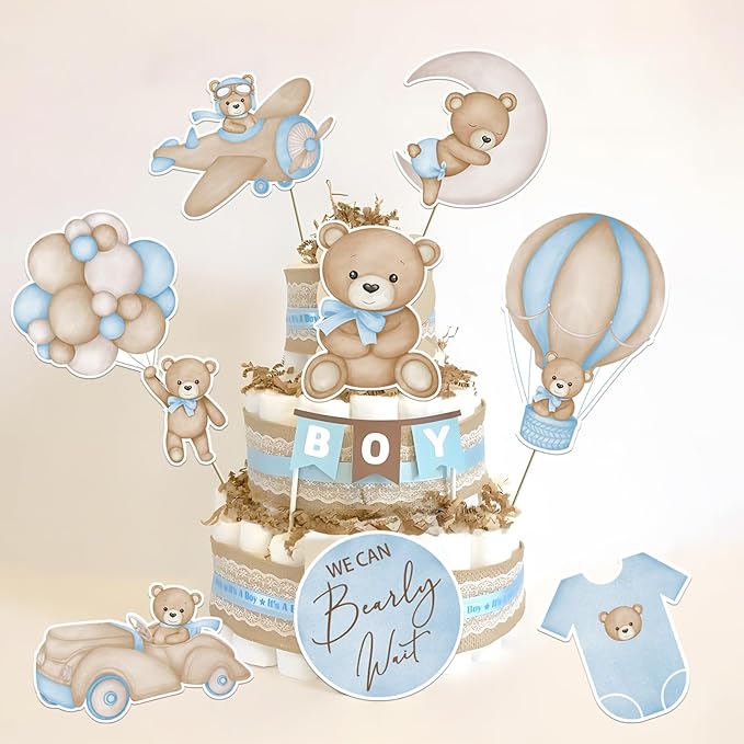 16Pcs We Can Bearly Wait Centerpieces for Baby Shower Decorations Blue Bear Baby Shower for Boys Birthday Party Supplies