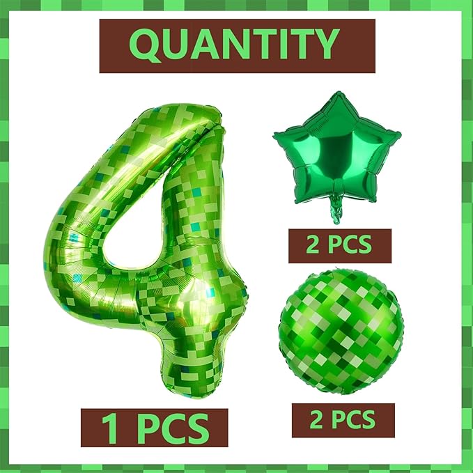 40 Inch Green Pixel Miner Number 4 Foil Balloon Set 5Pcs Large Mylar Mining Theme 4th Number Balloons Pixel Cubes Video Game Birthday Party Decorations