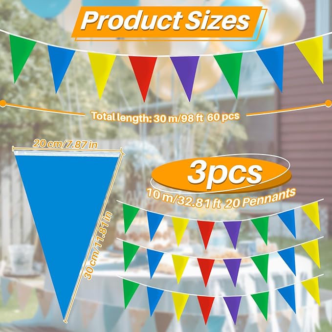 MAQIHAN Pennant Flag Triangle Banner Flags - 98ft Extra Long Pennant Banner Flags for Outside Party Decorations, Double Sided Colorful Bunting Banner for Birthday Carnival Graduation Classroom Decor