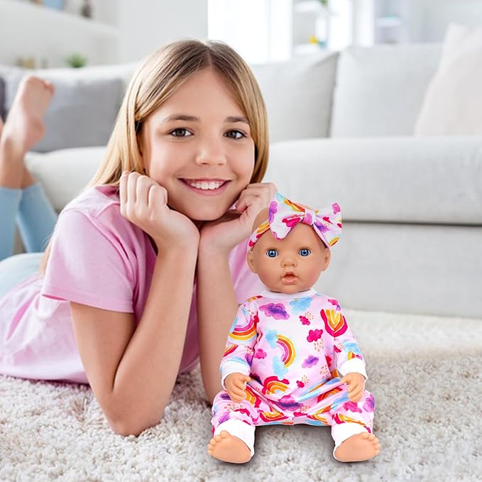 Ecore Fun 5 Sets Baby Doll Outfits & Headbands – 10 pcs for 14"-18" Baby Dolls | Cute Jumpsuit & Hair Accessory Set for Dress-Up Play