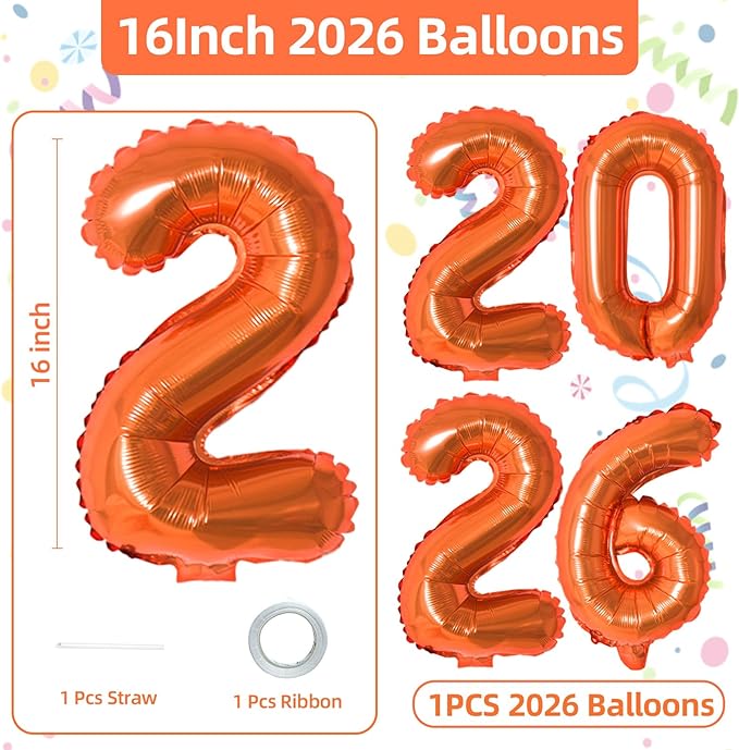 KALOR 16 Inch 2026 Orange Foil Number Balloons, 2026 New Years Decorations for 2026 Happy New Year Eve and Graduations Party Supplies
