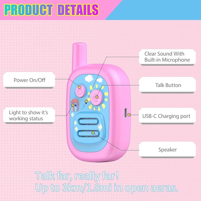 Walkie Talkies for Kids 2 Pack Rechargeable with 3 Miles Long Range, Toddler Walkies Talkies Pink Bule Toys Birthday for 3-8 Years Old Boys Girls for Outdoor Games Camping Hiking