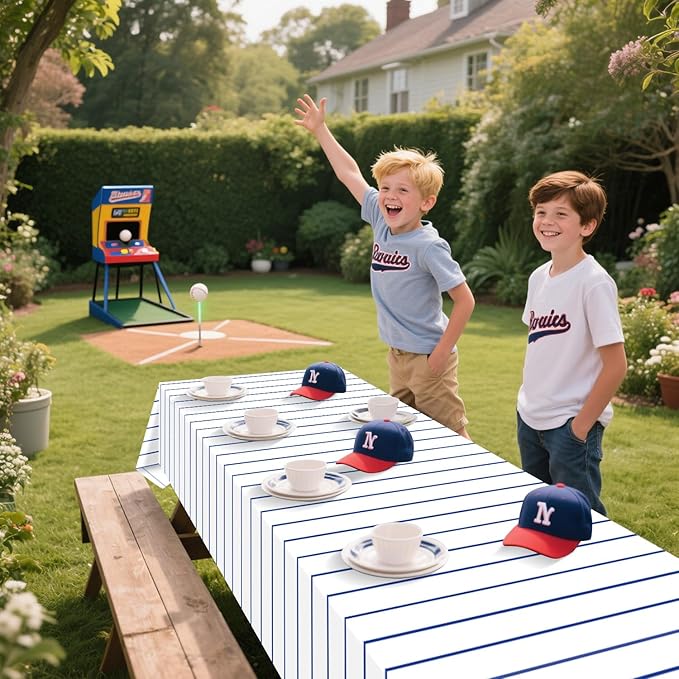 Baseball Tablecloths, 4 Pcs Blue and White Stripe Plastic Table Covers for Baseball Birthday Decorations Sports Theme Party Supplies