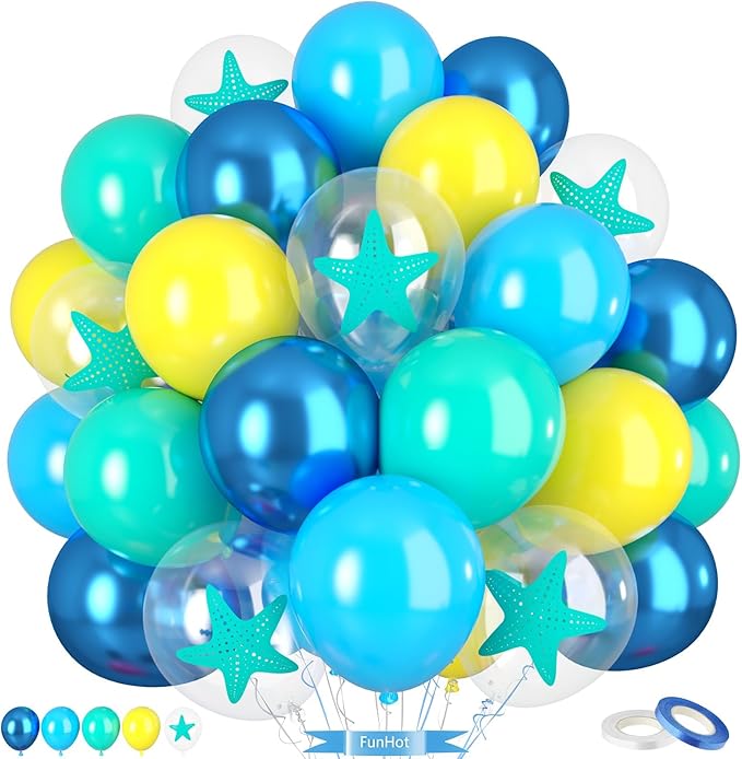 Blue and Yellow Balloons, 50PC 12 Inch Yellow Light Metallic Blue Teal Transparent Starfish Print Balloons for Ocean Themed Birthday Baby Shower Beach Pool Party Decorations