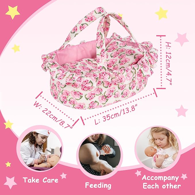 Doll Carry Cot Set, Soft 3PC Set Includes Cot, Mattress and Pillow, Pink Flower Doll Bassinet, Fits for 10-12 Inch American Girl Dolls