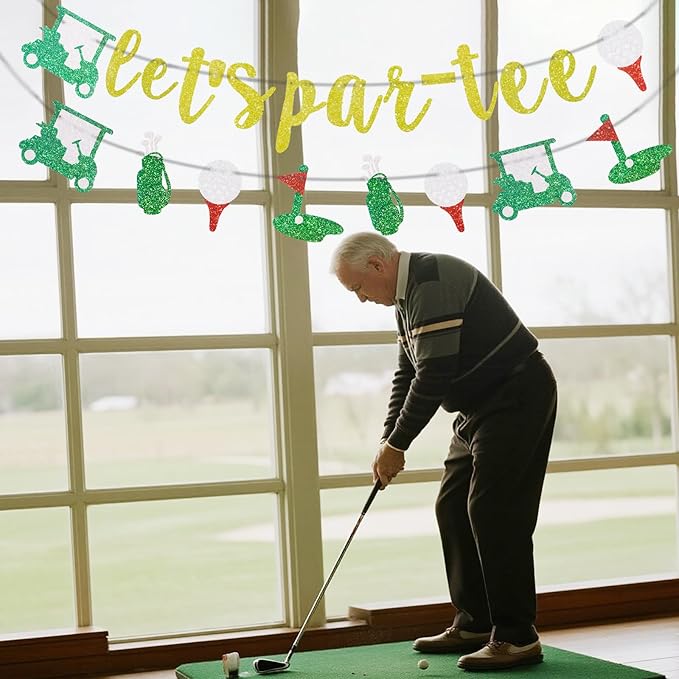 MEMOVAN Golf Birthday Banner Garland Let's Par-Tee Banner Golf Theme Retirement Banners Golfer Happy Birthday Garland for Golfer Lover Men Sports Par-Tee Time Party