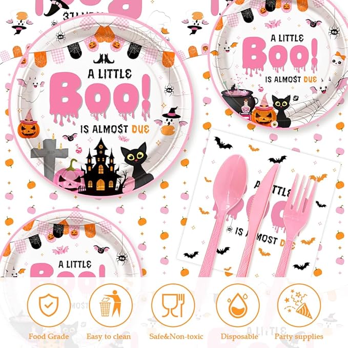 194Pcs Halloween Baby Shower Decorations for Girl A Little Boo is Almost Due Baby Shower Party Plates, Cup, Napkin, Tablecloth, Tableware, Halloween Themed Party Supplies Plates Serve 24 Guests