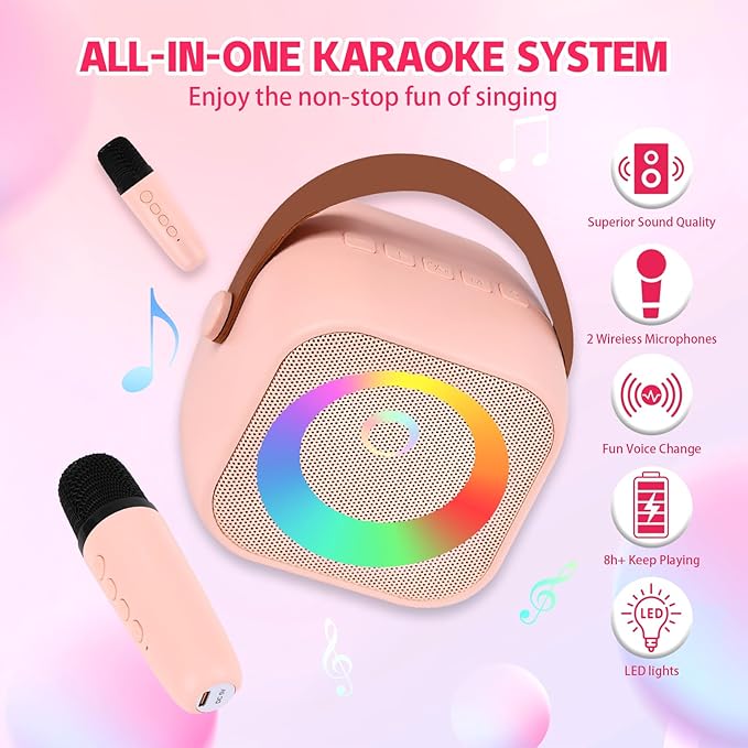 Mini Karaoke Machine for Kids Adults, Christmas Birthday Gift for Girls Age 3-12, Portable Bluetooth Karaoke Speaker with 2 Wireless Microphone, Girls Toys for 4, 5, 6, 7, 8, 9, 10, 11, 12+ Years Old