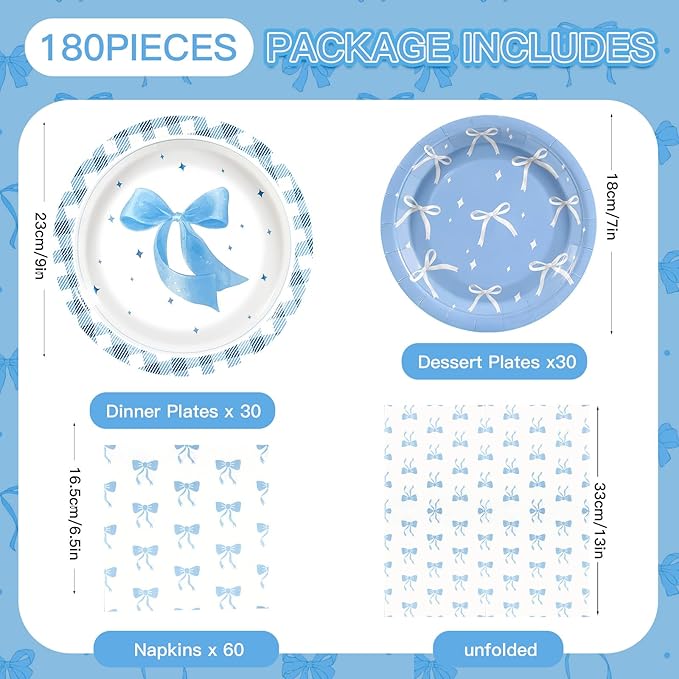 180Pcs Blue Bow Party Supplies Paper Plates and Napkins Serve 60 Disposable Tableware Set for Birthday Party Decorations Game Day Family Holiday Sports Events