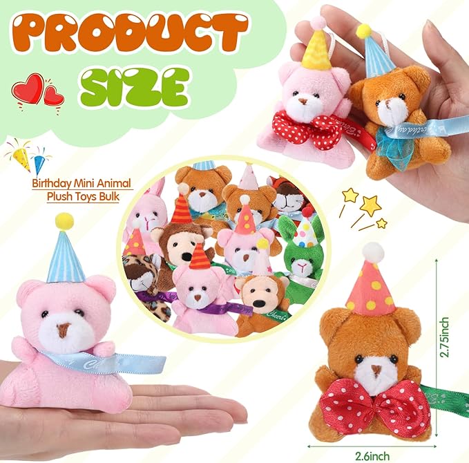 Skylety 50 Pcs Mini Stuffed Animals Bulk Cute Safari Jungle Small Plush Doll Toy Set Tiny Plush Keychain Decoration for Easter Party Favor Gift Carnival Classroom Prize(Birthday Animals,Classic Color)