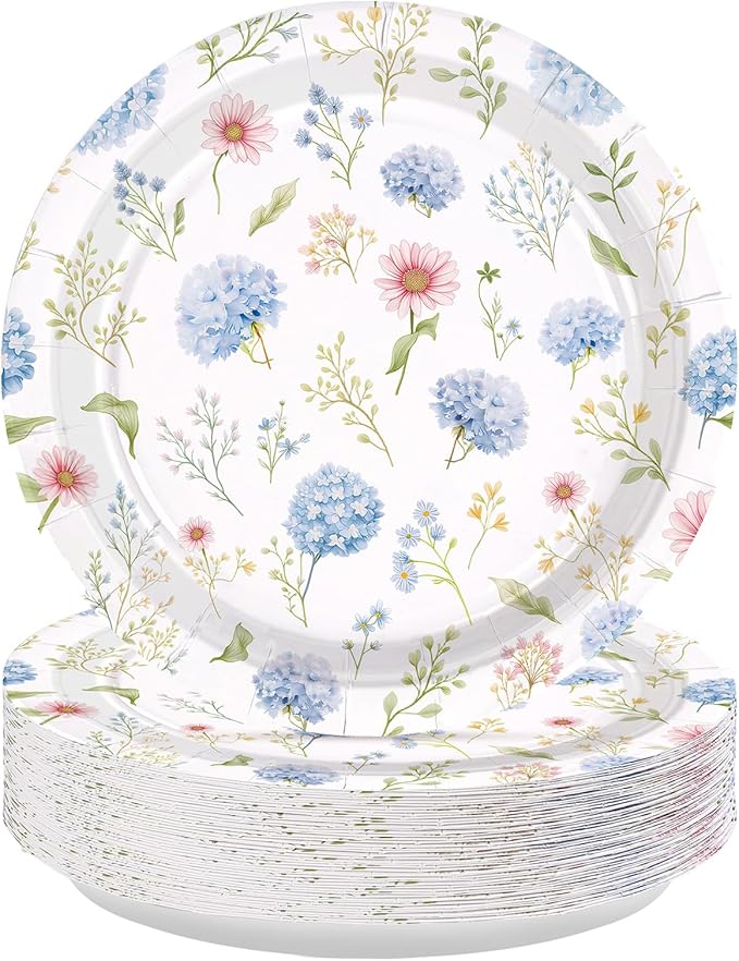 50Pcs Hydrangea Paper Plates 9 Inch Heavy Duty Blue and White Vintage Floral Dessert Plates Spring Tea Party Dinner Plate for Tea Wedding Bridal Baby Shower Birthday Bachelorette Party Decorations