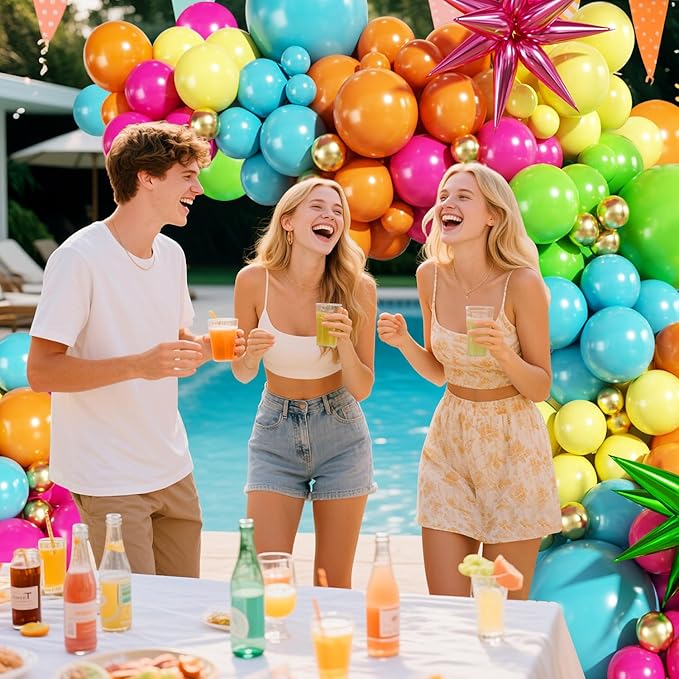 Summer Tropical Balloon Arch Kit 141Pcs Orange Hot Pink Yellow Blue Green Gold Balloons with Foil Star Balloons for Hawaiian Luau Aloha Theme Baby Shower Birthday Party Decorations