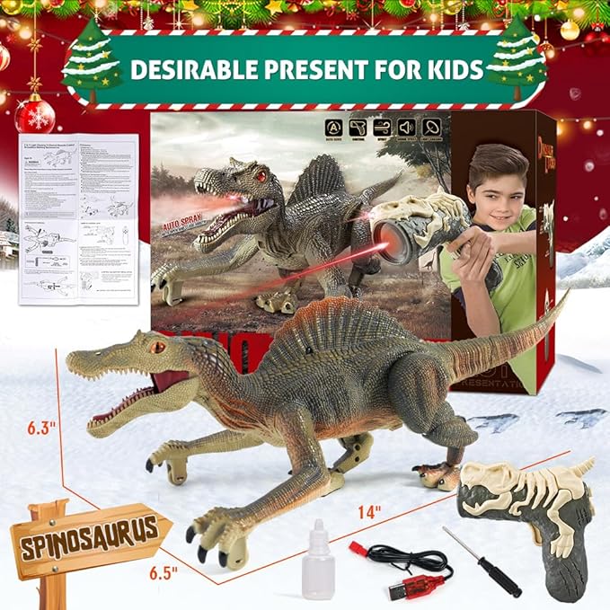 Mini Tudou Remote Control Dinosaur Toys,RC Walking Robot Dinosaur Toy with Light Chasing Remote Control,Auto Spraying and Roaring,Jurassic Spinosaurus Dino Toys for Kids Boy 4 5 7 8-12 Year Old