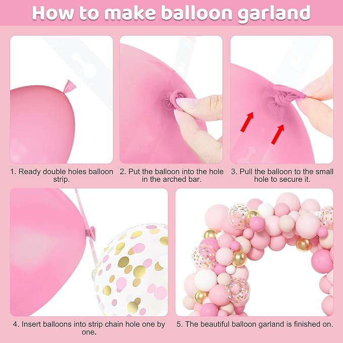Amandir 144Pcs Pink Balloons Garland Arch Kit Light Pink Gold White Confetti Latex Metallic Balloons for Valentines Day Girl Birthday Baby Shower Wedding Graduation Party Decorations Supplies
